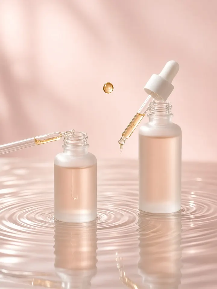 Skincare product shot - serum bottles with droppers in rippling water