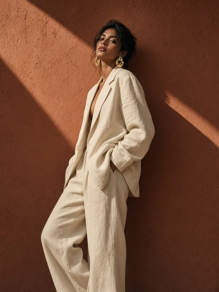 Fashion editorial campaign - model in a cream linen suit against a sunlit terracotta wall