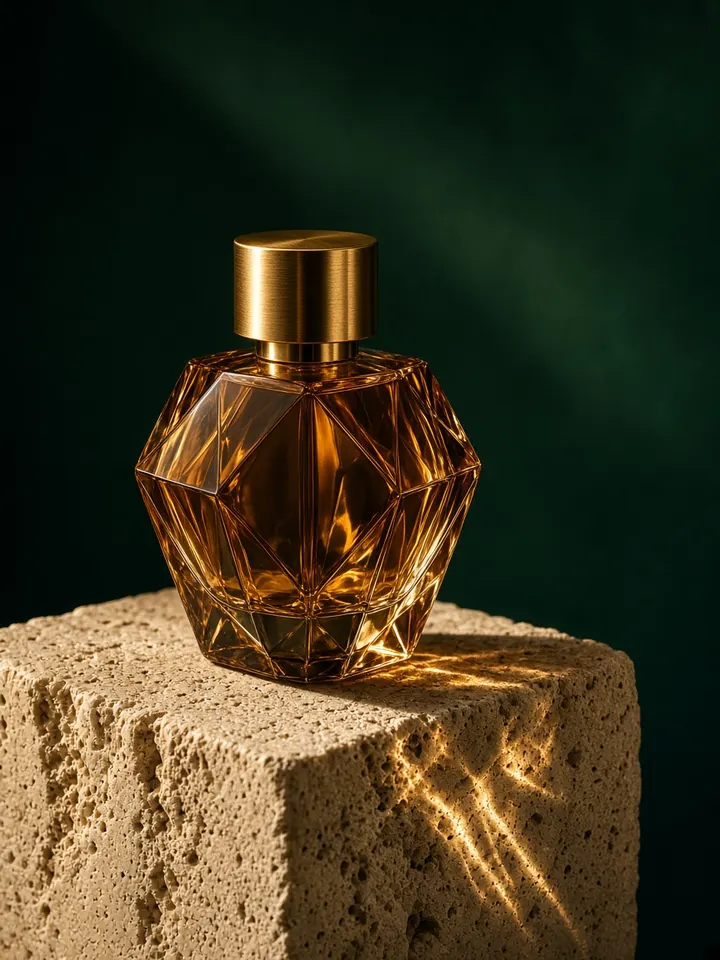 Fragrance campaign - faceted amber perfume bottle with a gold cap on a travertine pedestal