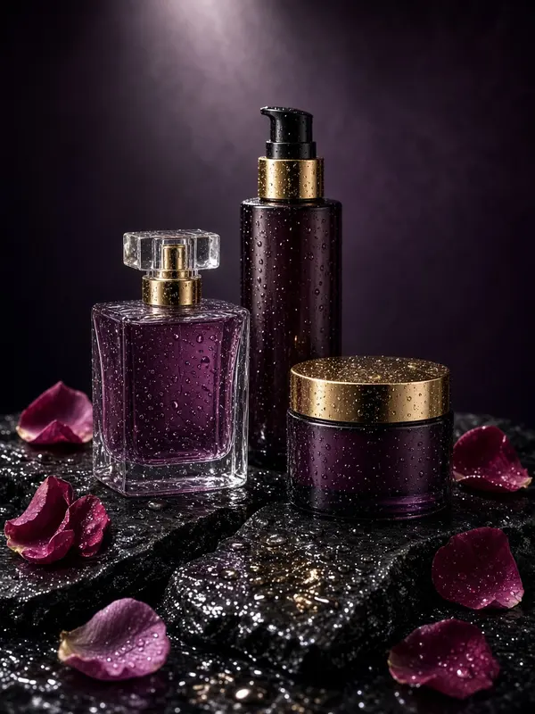 Perfume, serum and cream jar on wet black stone with rose petals