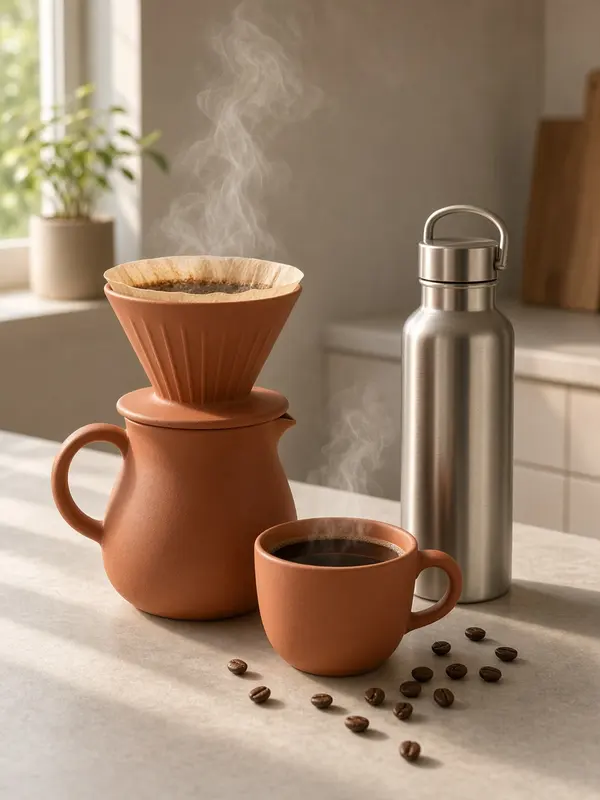 Terracotta pour-over coffee set and steel bottle on a kitchen counter