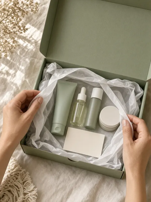 Hands unboxing a sage-green skincare mailer box
