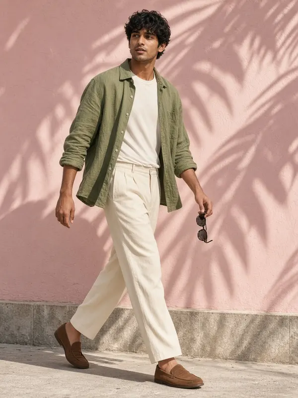 Man in an olive linen overshirt walking past a sunlit pink wall