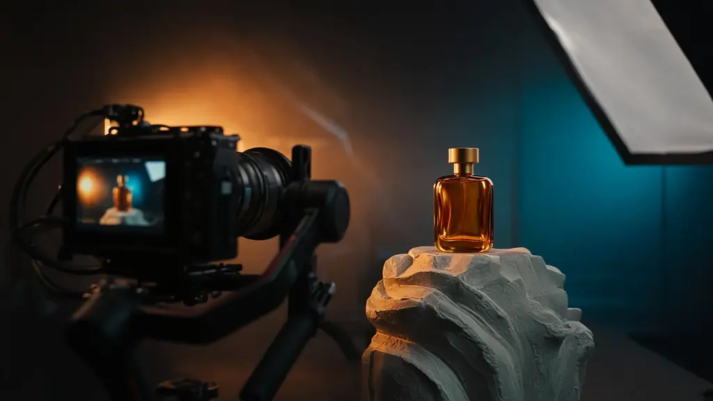 Behind the scenes of a product video shoot - a cinema camera filming a perfume bottle under coloured light
